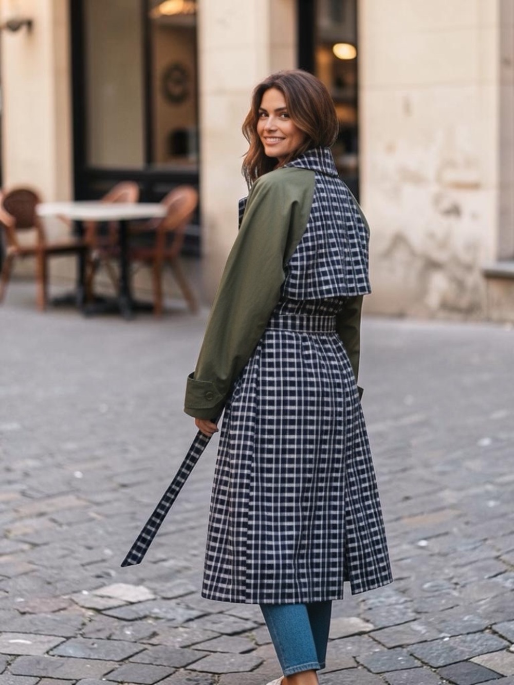 Tanya Taylor Navy Windowpane & Olive Green Trench Coat. Size Sm, MSRP $765